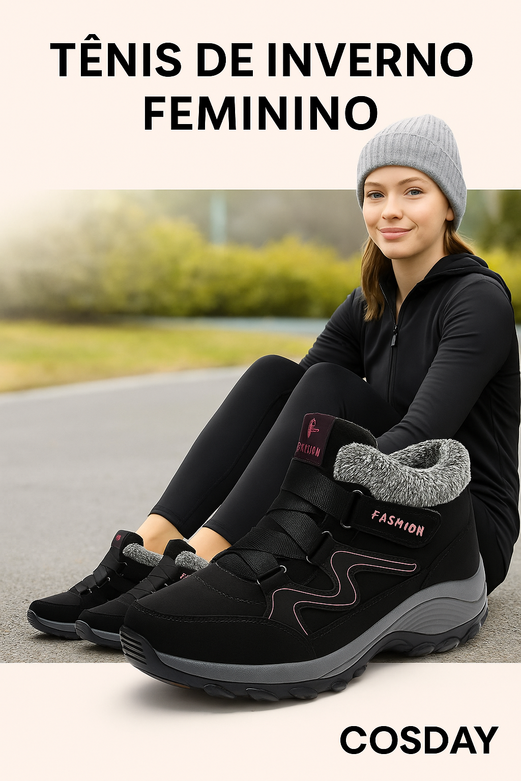 Tênis de Inverno Feminino Forrado com Lã Impermeável